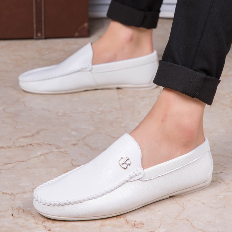 Mens Billionaire Loafers All White Mens Loafers Model Wearing Side Image