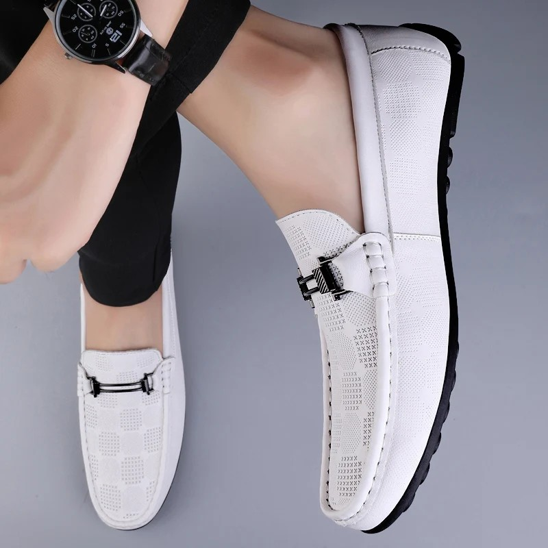 Mens Checkered Loafers All White Mens Loafers Model Top Image