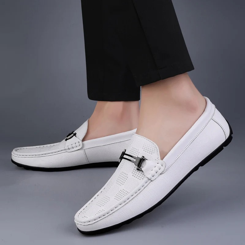 Mens Checkered Loafers All White Mens Loafers Model Side Image