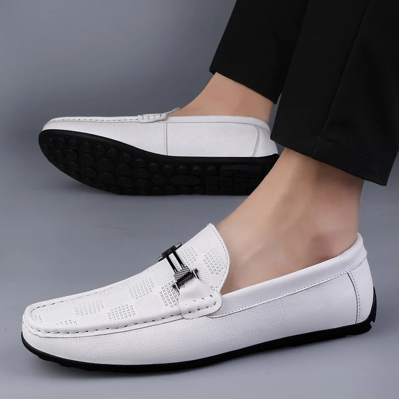 Mens Checkered Loafers All White Mens Loafers Model Side Image