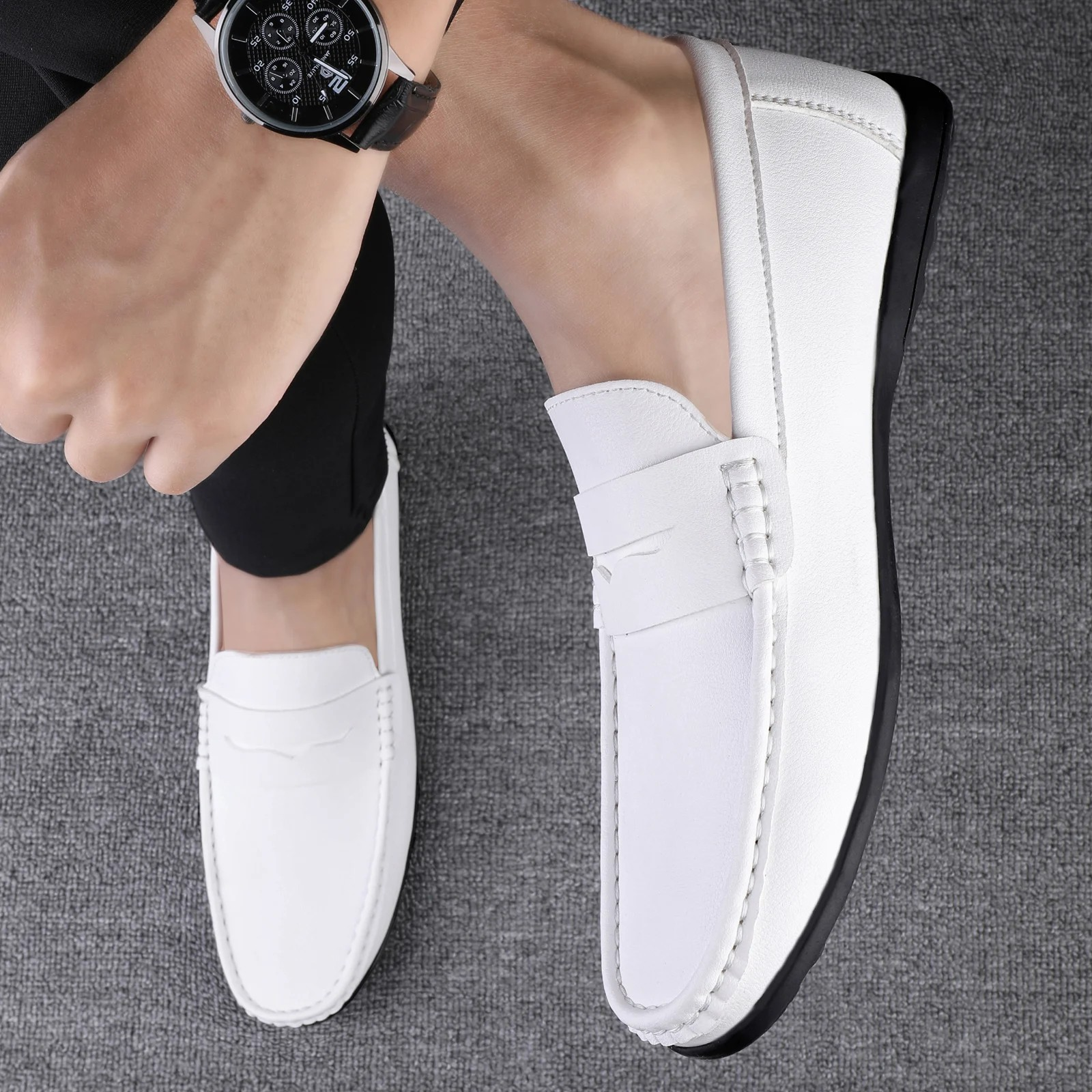 Mens White Loafers All White Mens Loafers Model Image Top