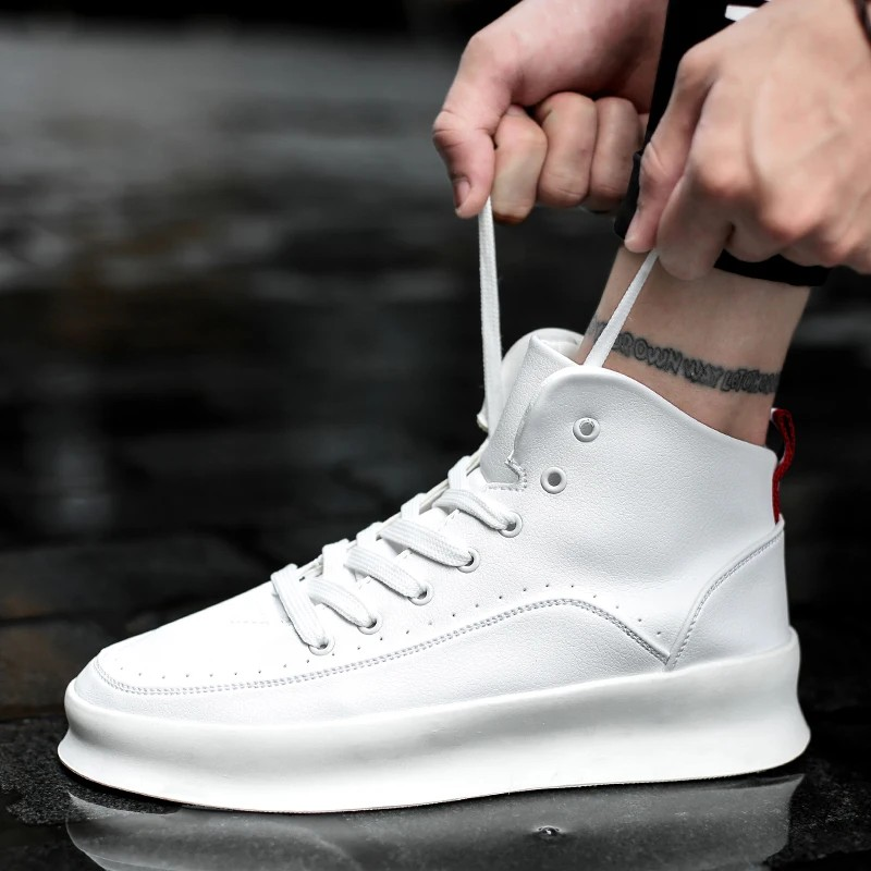 ELEWHVTË™ Retro High-Top Sneakers White Mens High Top Sneakers Model Image Side