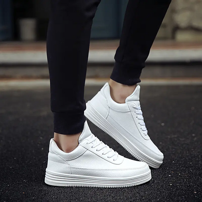 Mens Leather Trainers White Leather Mens Trainers Model Wearing Trainers Side Image