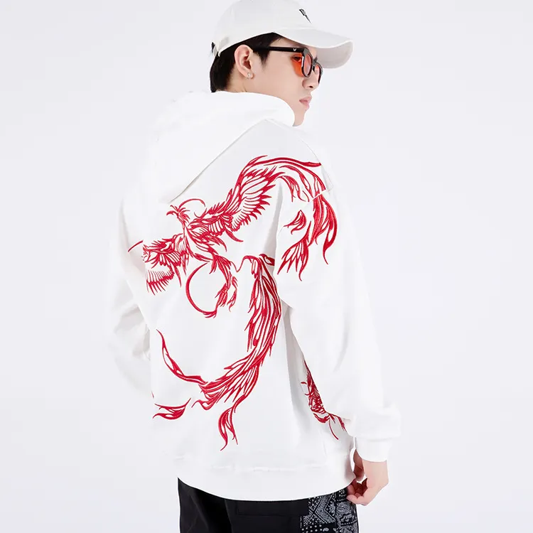 Phoenix Hoodie Men's White and Red Embroided Hoodie Model Wearing Image Back