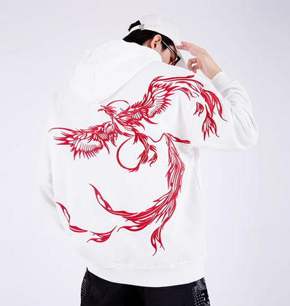 Phoenix Hoodie Men's White and Red Embroided Hoodie Model Image Back