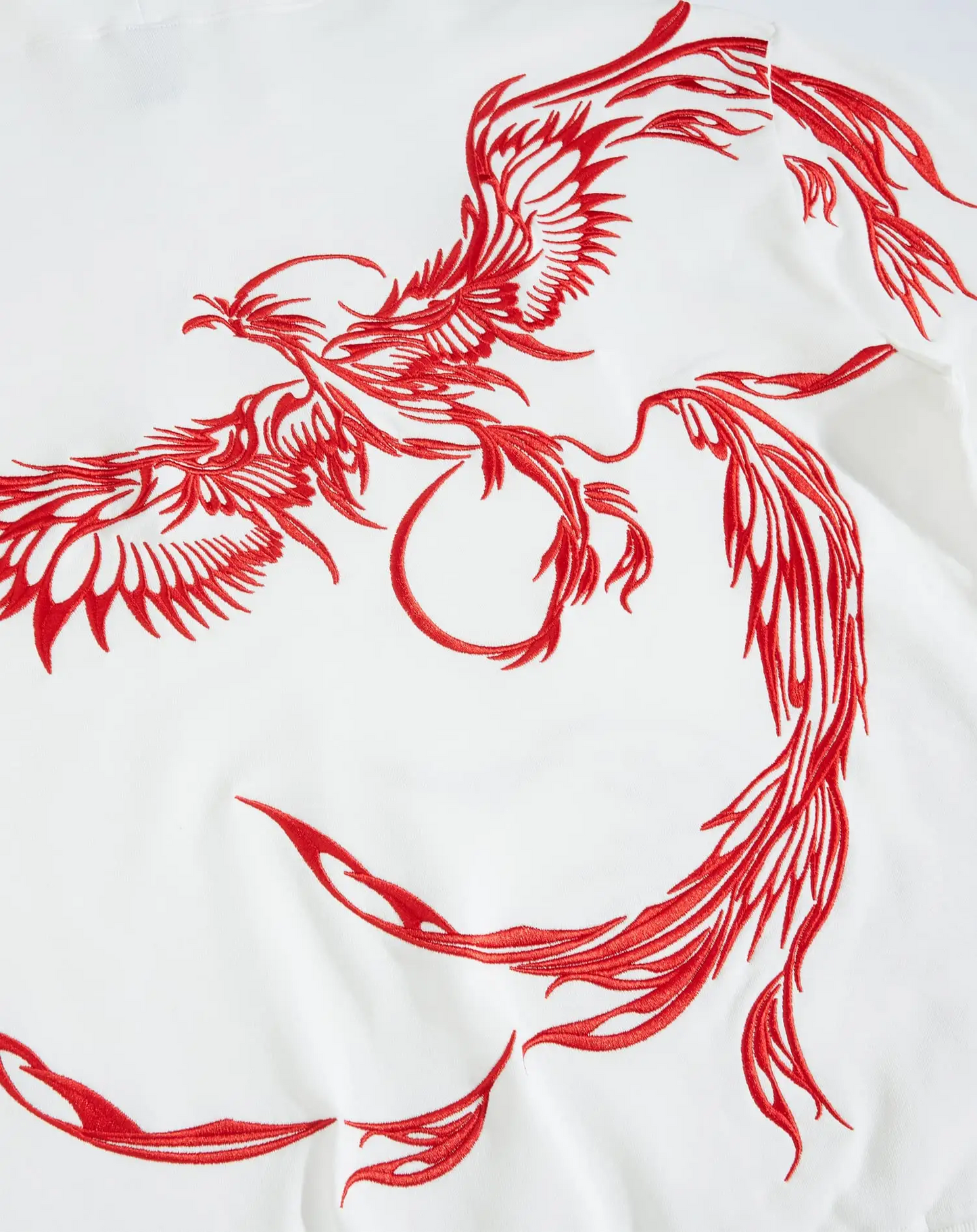 Phoenix Hoodie Men's White and Red Embroided Hoodie Embroidery Close Up