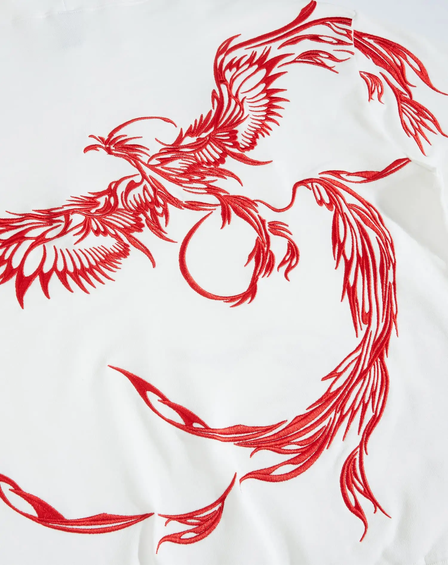 Phoenix Hoodie Men's White and Red Embroided Hoodie Embroidery Close Up