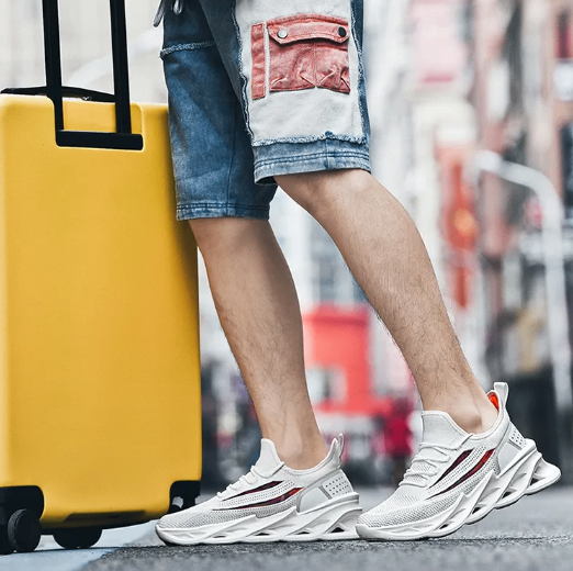 Mens White Mesh Sneakers With Red Stripes Model