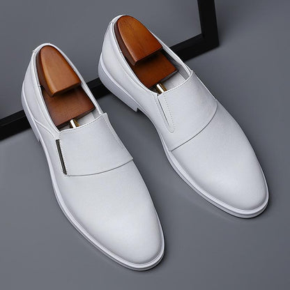 Pure Elegance Mens White Leather Business Shoes Top View Both Shoes