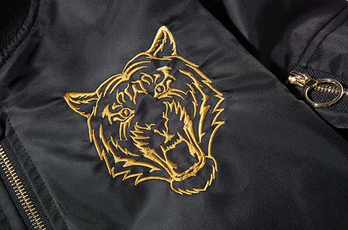 Tiger Winter Jacket Mens Gold and Black Winter Jacket Gold Tiger Emblem Close Up