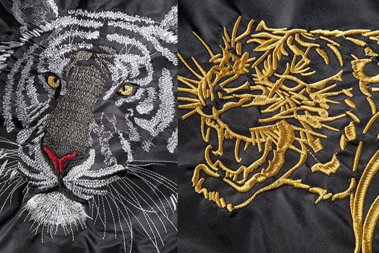 Tiger Winter Jacket Mens Both Gold Silver and Black Winter Jacket Back Designs Close Up