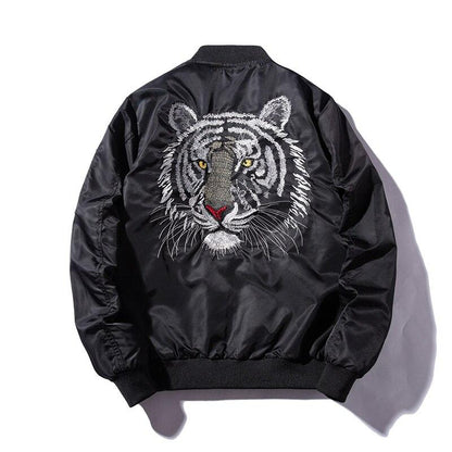 Tiger Winter Jacket Mens Silver and Black Winter Jacket Back Silver Tiger Head View