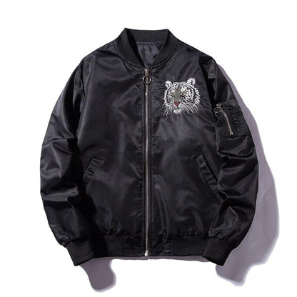 Tiger Winter Jacket Mens Silver and Black Winter Jacket Front  Silver Tiger Emblem Head View