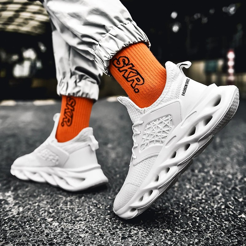 ELEWHVTË™ Trend Mesh Sneakers White Mens Mesh Sneakers Model Image Behind