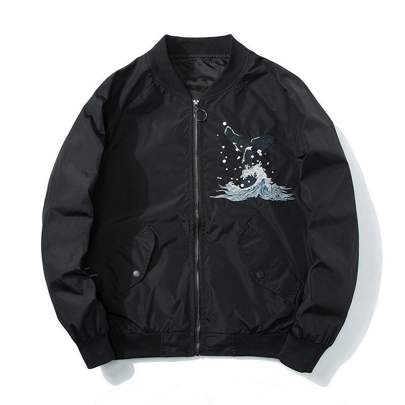 Black Whale WInter Jacket Whale Jumping out of Water Design at the Front Emblem Product Image