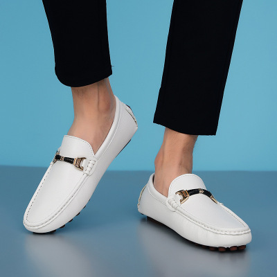 Mens White Gold Loafers All White Mens Loafers Model Front view