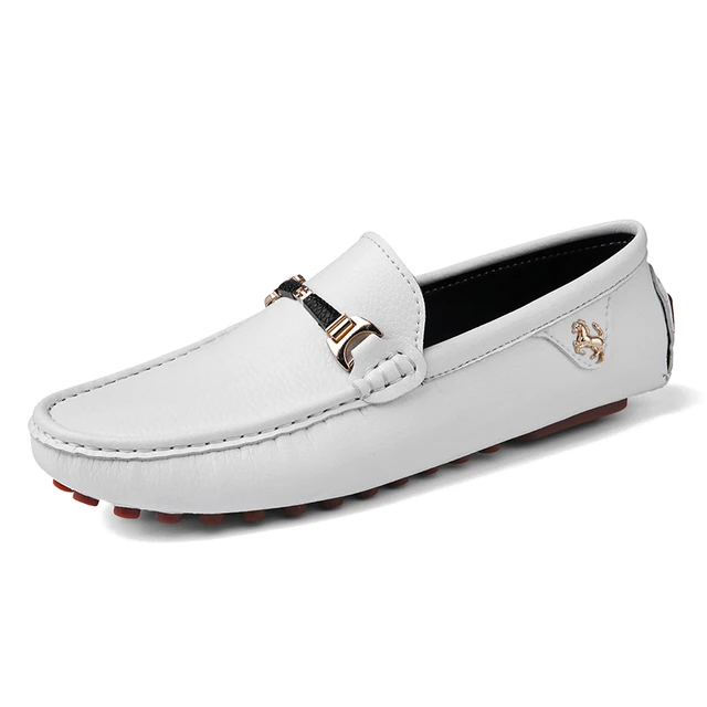 Mens White Gold Loafers All White Mens Loafers Product Side Image