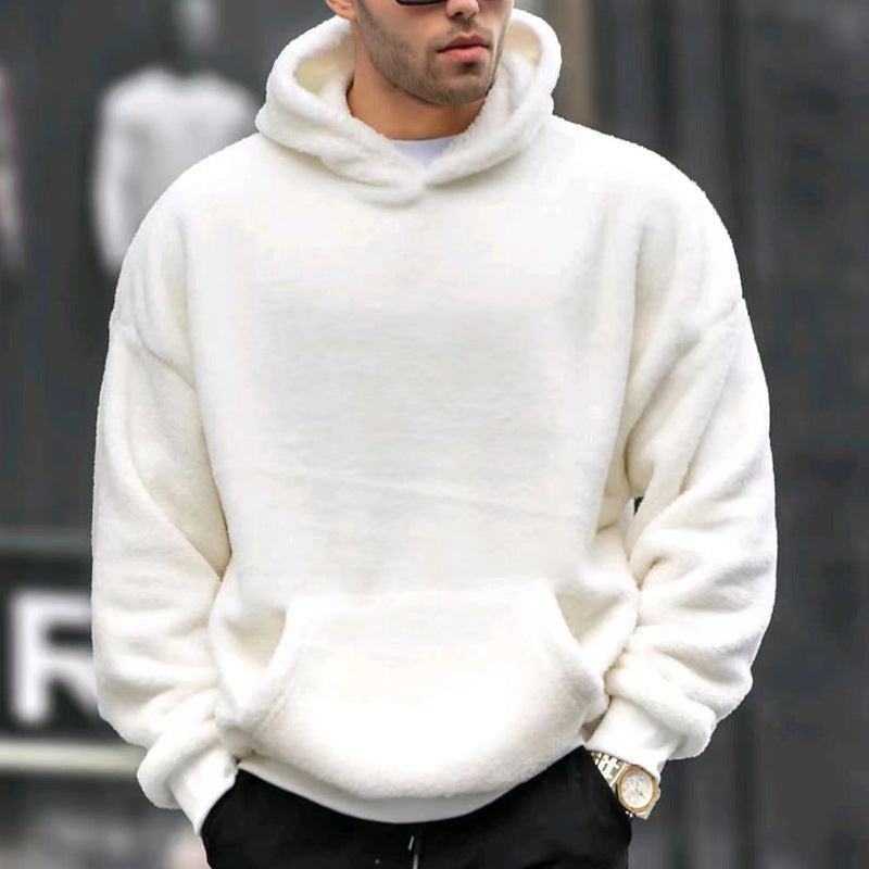 Wool Hoodie Men's White Fluffy Hoodie Model Product Image Front