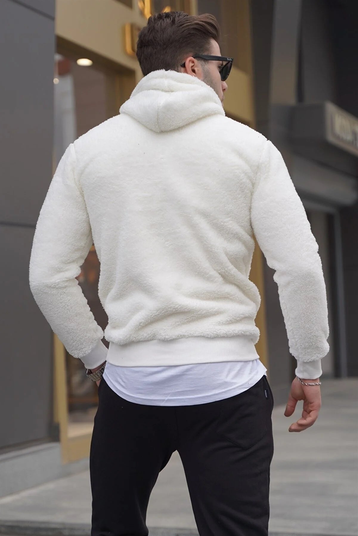 Wool Hoodie Men's White Fluffy Hoodie Model Product Image Back